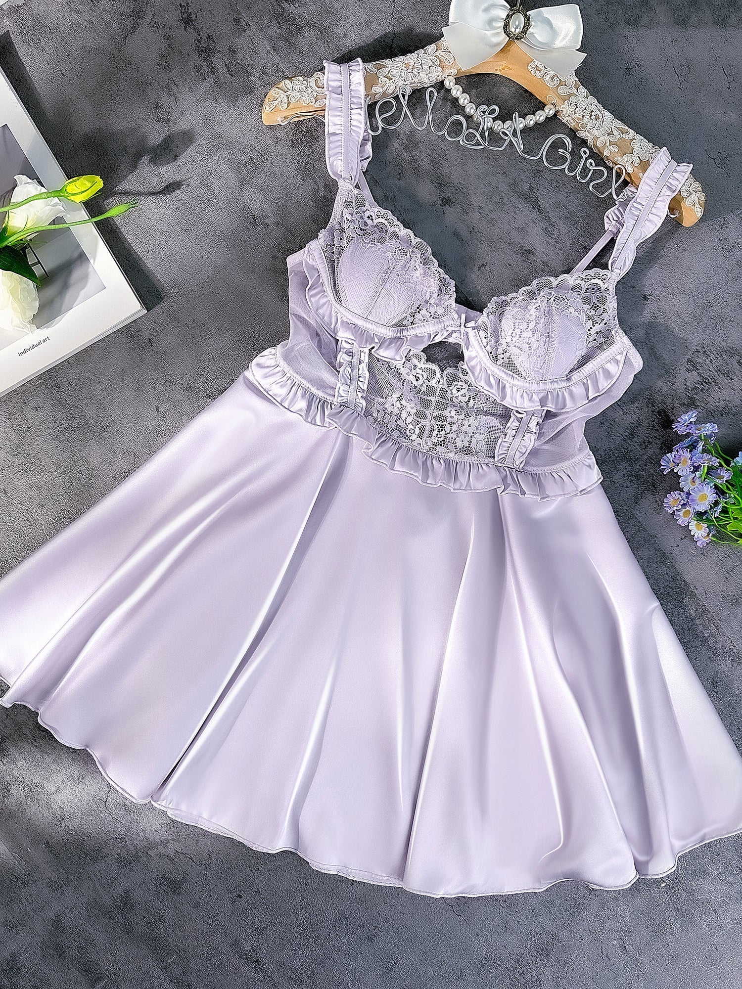 Purple Soft Satin Slip Dress With Elegant Lace Detailing Hello.LA.Girl